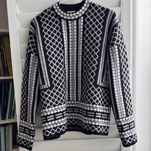 Tory Burch Black and White Patterned Crewneck Sweater
